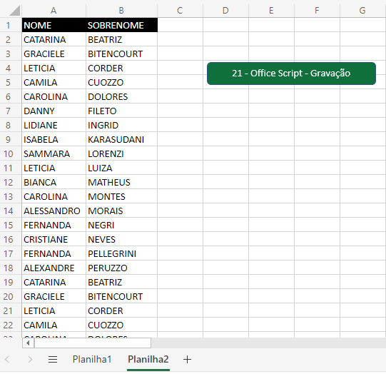 Cópia da Tela do Excel Online mostrando dados na coluna A e B que serão manipulados
